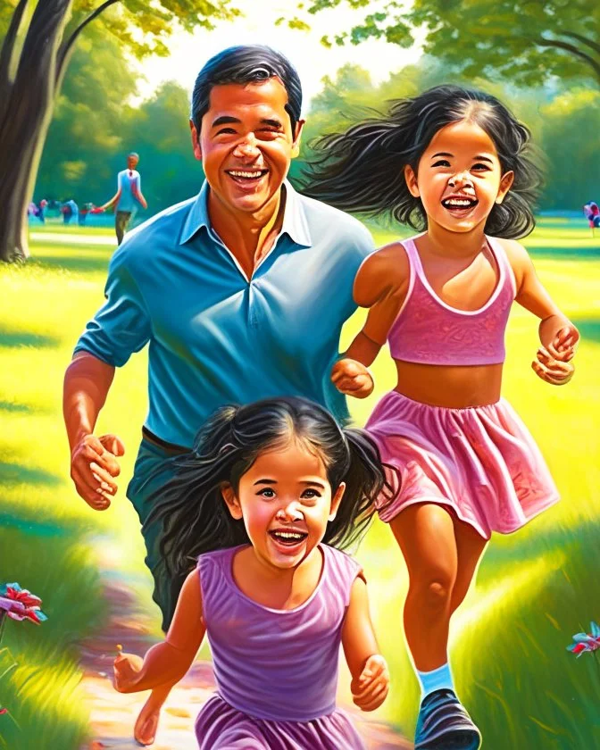 Papá alegre con sus bebes niño y niña jugando y corriendo en el parque felíz cuerpo completo colores complementarios obra de arte pintura al óleo impactante detallado ojos marrones pelo negro hiperrealista 8k coherente