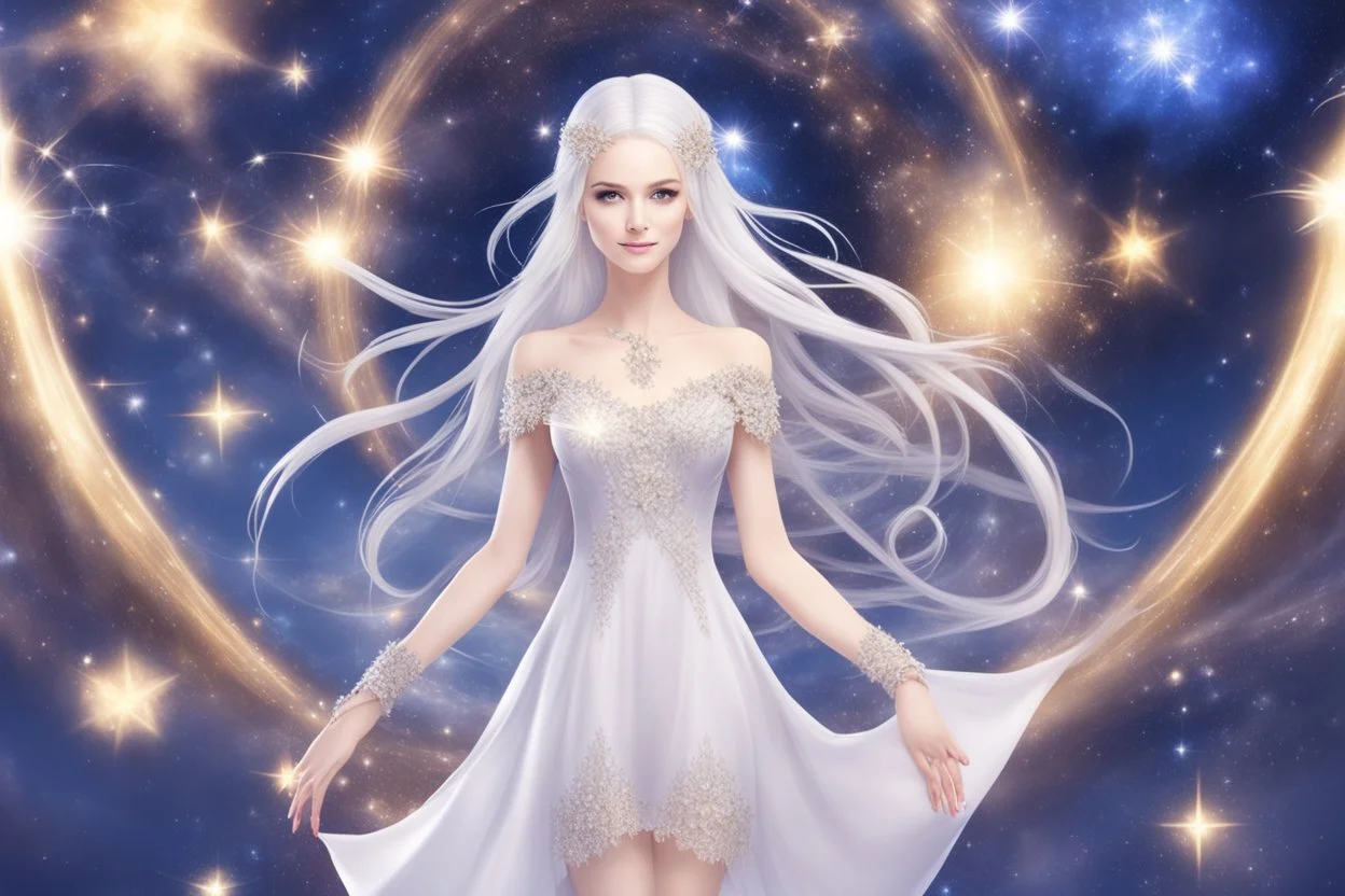 very beautiful cosmic women with white long hair, smiling, with cosmic dress and in the background there is a bautiful sky with stars and light beam