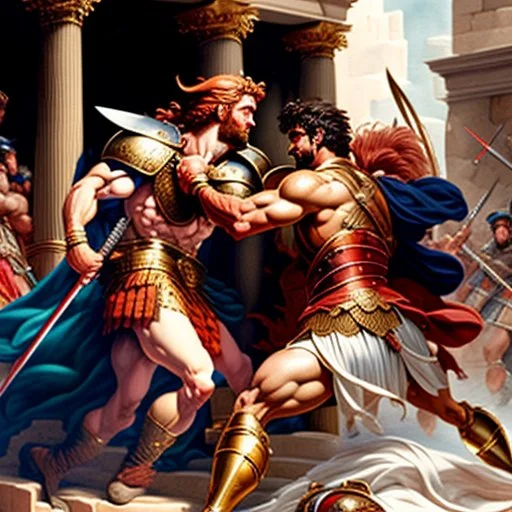 Achilles fighting Hector in the Trojan War, watercolor, ultra quality, hyper detailed, maximalist artwork, 8k