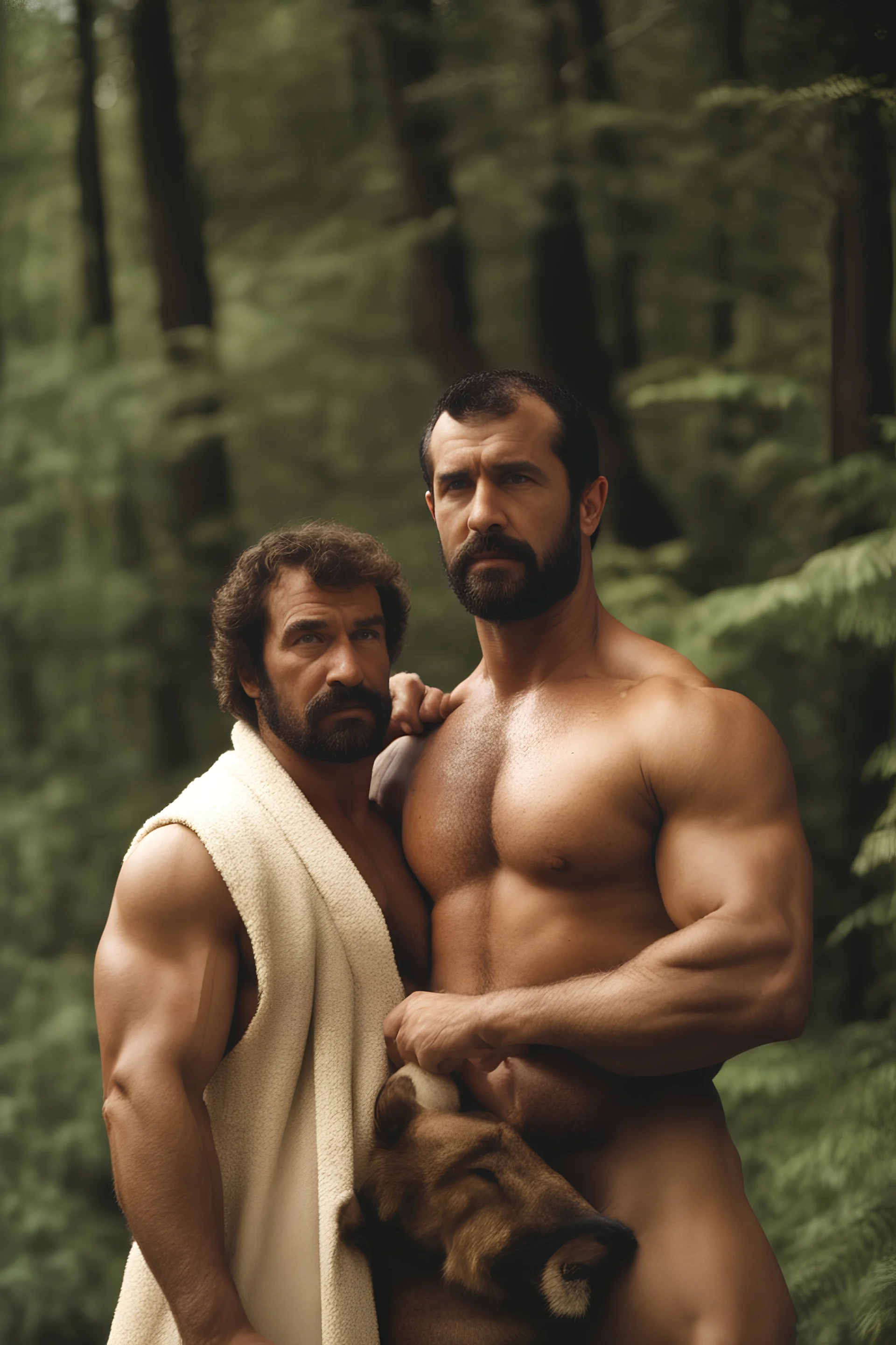 1970's massive male muscular strong man , Turkish, hairy chest, age 37, muscle daddy, goatee, short hair, oiled, armpits, in a wood, viril chest, bathrobe, serious burly man