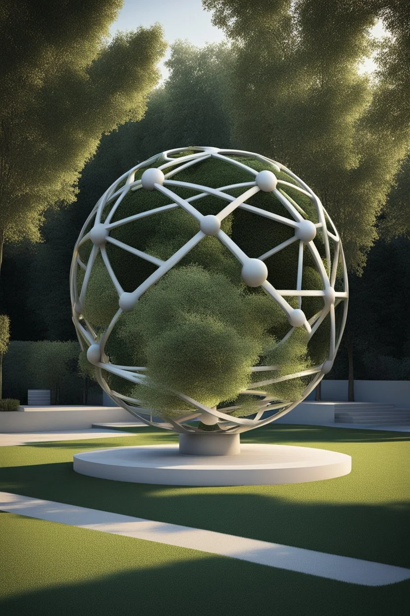 оформление территории со статуей шара виде атома/молекула. Сделать поверхность шара похожей на модель атома или молекулы, используя геометрические формы, светящиеся элементы или проекцию. . Для этого можно использовать различные геометрические формы, такие как круги, треугольники, шестиугольники и т. д., чтобы создать абстрактное изображение структуры атома или молекулы. Кроме того, возможно использование светящихся элементов, чтобы придать статуе особую магическую атмосферу и привлечь внимание