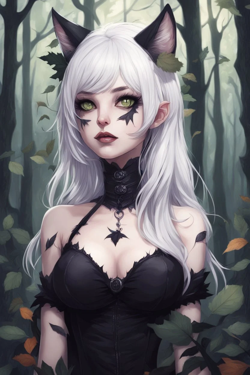 CAT GIRL, goth, forest, nature, cartoon, leaves, boobs, portrait, colour image, white hair