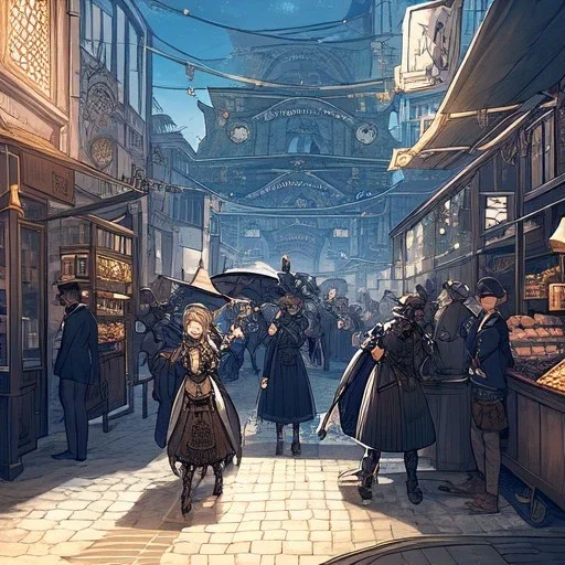 streetMarket, darkblue tones, style steampunk,