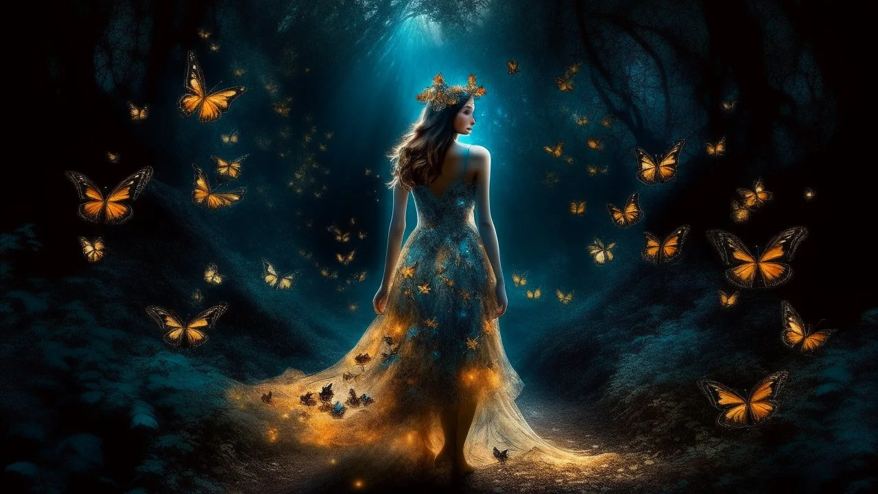 Create an image that represents a woman in the process of metamorphosis. The scene should have a mystical and surreal atmosphere. The woman must have an expression of both fear and amazement as her body transforms into something otherworldly. Her dress should partially transform into butterflies, with vibrant colors spilling into the night air. The background should be a dark forest with moonlight streaming through the trees, casting an ethereal glow on the scene. The transformation process shou