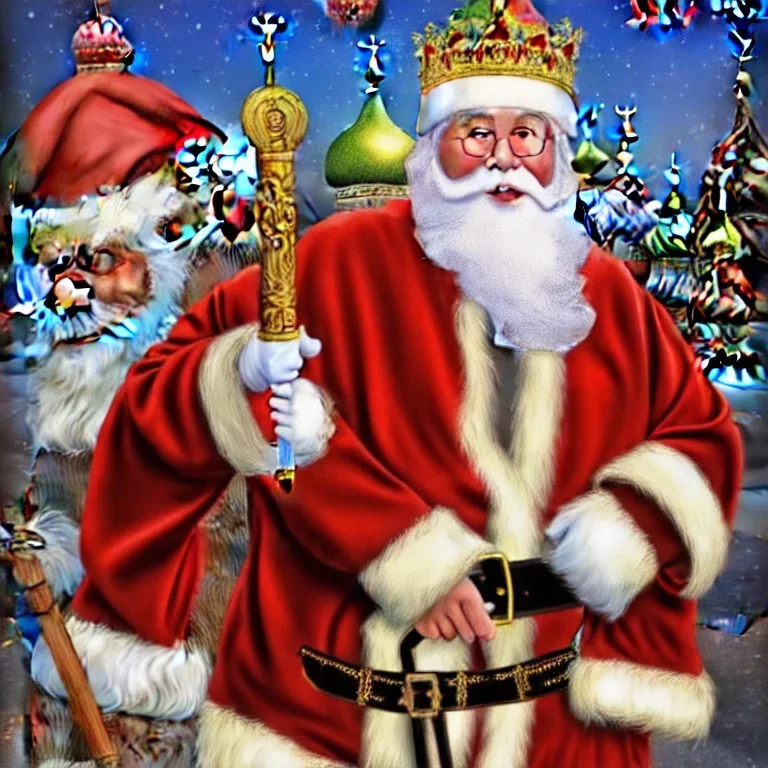 mdjrny-v4 Santa Clause is an Orthodox Russian ruler, with a crown and a sword, he's at a North Pole Kremlin with his favorite monkey and bear, photograph