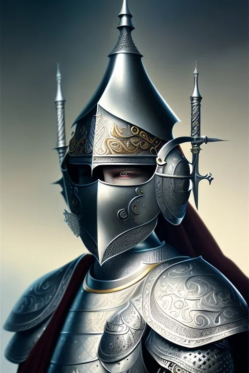 Sango fantasy, fantasy magic, intricate, sharp focus, illustration, highly detailed, digital painting, concept art, matte, art germ and Paul Lewin and Kehinde Wiley, Medieval Arab knight, wearing a silver helmet engraved with Arabic motifs, black eye, chin