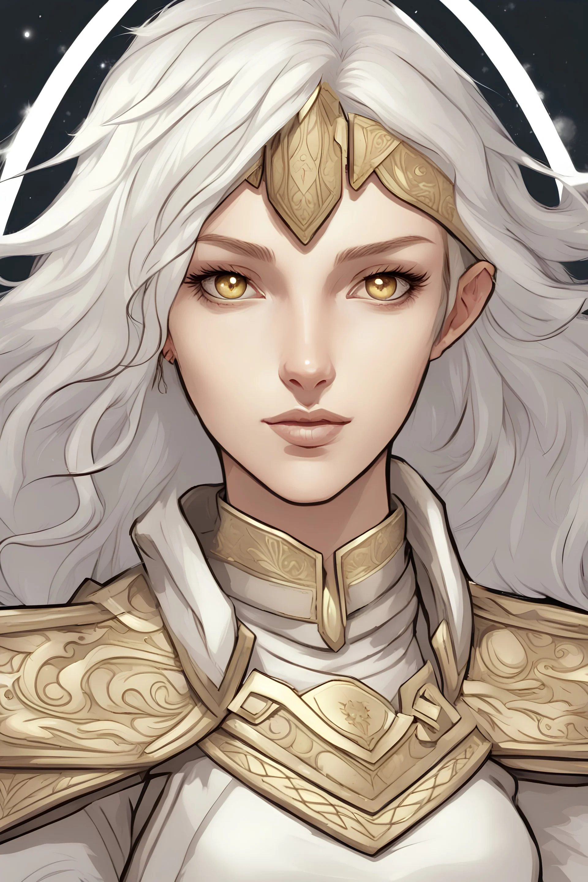 Generate a dungeons and dragons character portrait of a Female Aasimar. Her eyes are silver. Her Hair is white. Her Skin is a golden complexion with a subtle, golden sheen. She is in camp surrounded by soft moonlight.