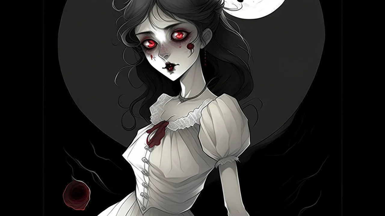 comix style, In the pallid moonlight, a peculiar girl appears - a vampire, her skin a haunting shade of spectral grey, as if she herself were wrought from the lonely heart of a forsaken moon. Cruel rubies are set into her eyes, glowing with ominous liveliness against her lifeless pallor. Blood, a sinister accompaniment to her form, the colour of garnet, seems to drip off her like a macabre jewel, casting a chilling aura of dangerous enchantment about her.