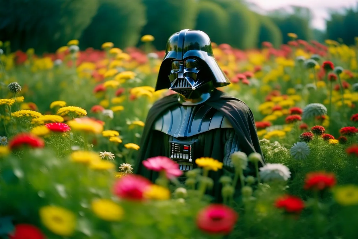 Darth vader in a beautiful field of flowers, colorful flowers everywhere, perfect lighting, leica summicron 35mm f2.0, kodak portra 400, film grain, naruto fan art