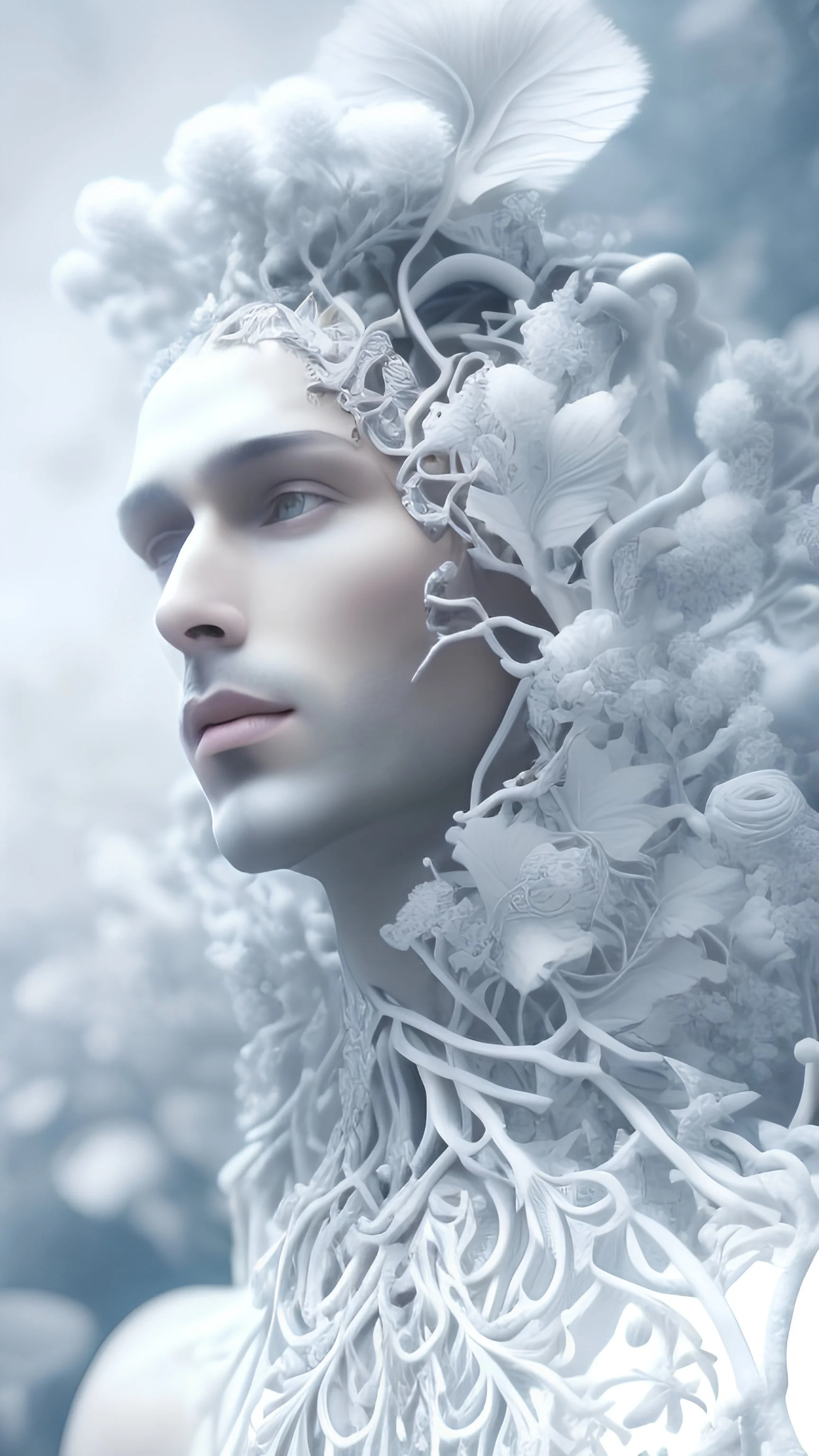 3D render ultra detailed of a handsome male DRYAD, from knee to head, biomechanical cyborg, analog, 35 mm lens, beautiful natural soft rim light, big leaves and stems, roots, fine foliage lace, colorful details, glass, heavely tattoed, intricate details, mesh wire, mandelbrot fractal, facial muscles, cable wires, microchip, badass, hyper realistic, ultra detailed, octane render, volumetric lighting, 8k post-production, white, detailled metalic bones, semi human