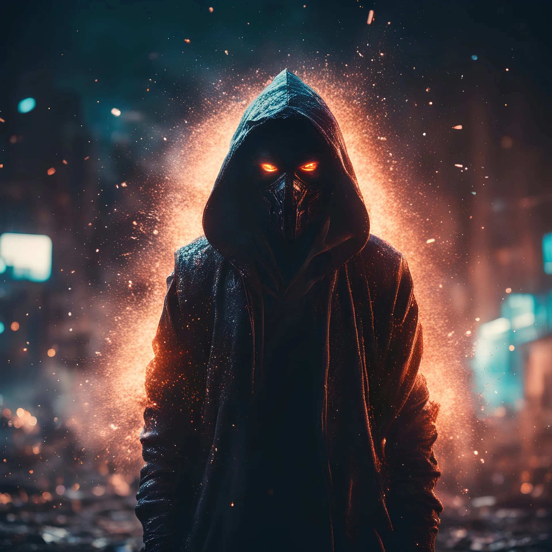 post-apocalyptic hooded angle covered with glowing crystals, fire particles in air, destroyed city, night, bright colors, glowing sparkle particles, dark tone, sharp focus, high contrast, 8k, incredible depth, depth of field, dramatic lighting, beautifully intricate details, clean environment, epic dynamic scene