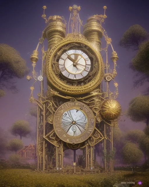 Create a 3d fractal base huge clock on a beautiful tower in a modern town with country houses and green field flowers , with see throgh golden gears rotating , showcasing a harmonious and synchronized movement. fast time passing in a beautiful nature environment