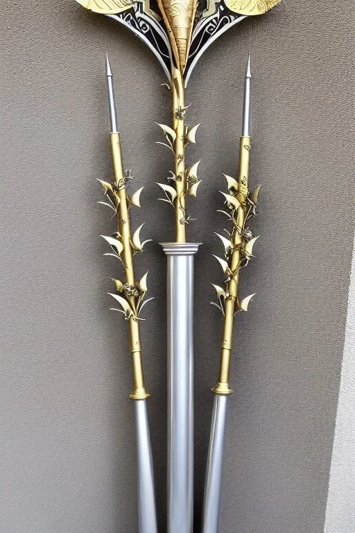 A large silver and Gold holy spear weapon covered in rose's and thorns, realistic, fantasy,