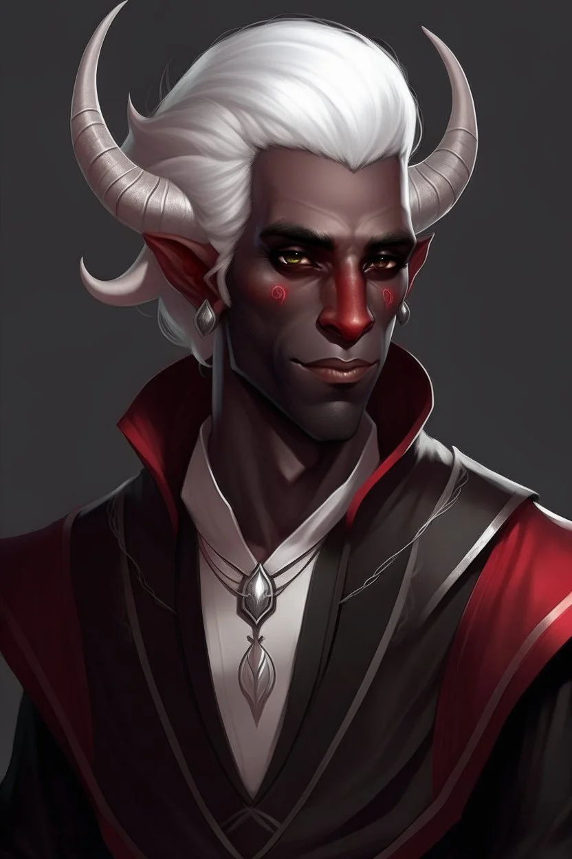 male tiefling dark skin with white hair and white eyes rogue