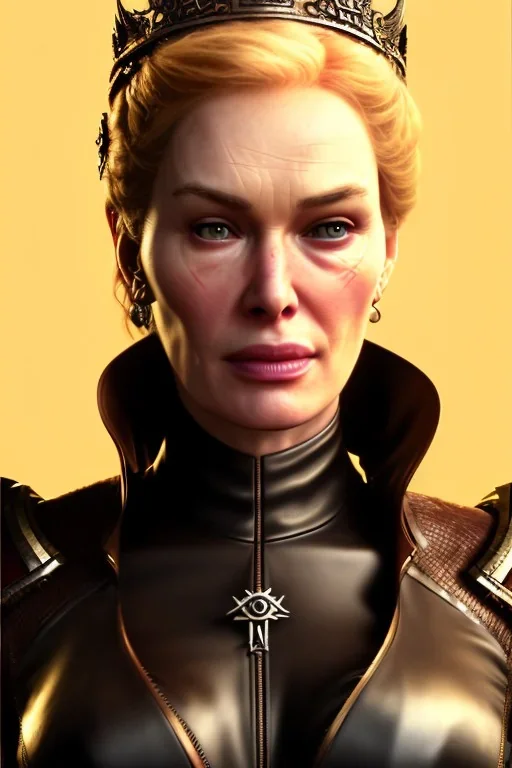 Cersei Lannister as evil queen in black leather, lena headay, leather, busty, cleavage, angry, rage, stern look. character design by cory loftis, fenghua zhong, ryohei hase, ismail inceoglu and ruan jia. unreal engine 5, artistic lighting, highly detailed, photorealistic, fantasy