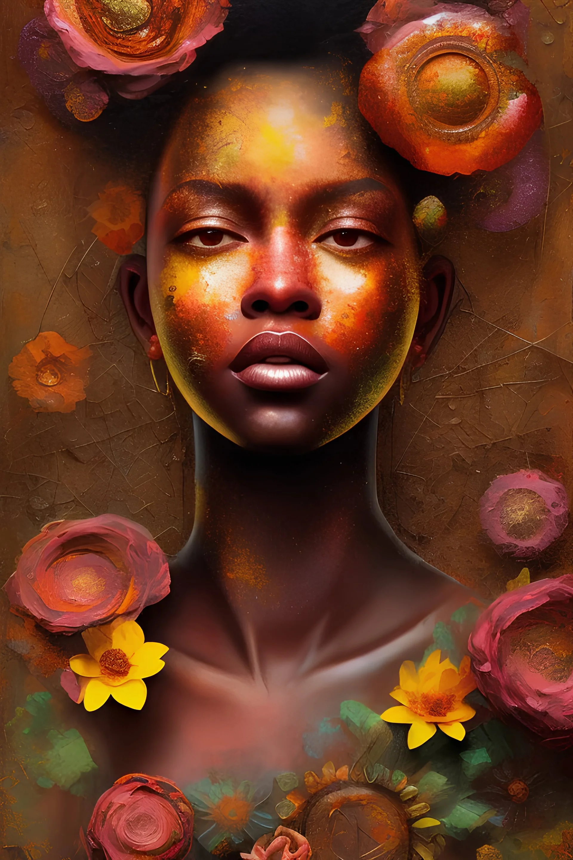 an abstract painting of rusted metal and flowers, afro portrait, rust, scaffolding, iron cladding, decay, mixed media, textured, anatomically correct, beautiful perfect face, sharp focus, highly detailed