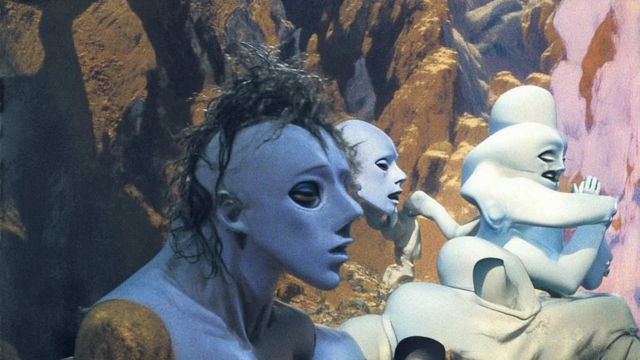 A group of white humanoid figures with large heads and distorted bodies engaged in various activities on a golden, textured landscape with mountains in the background