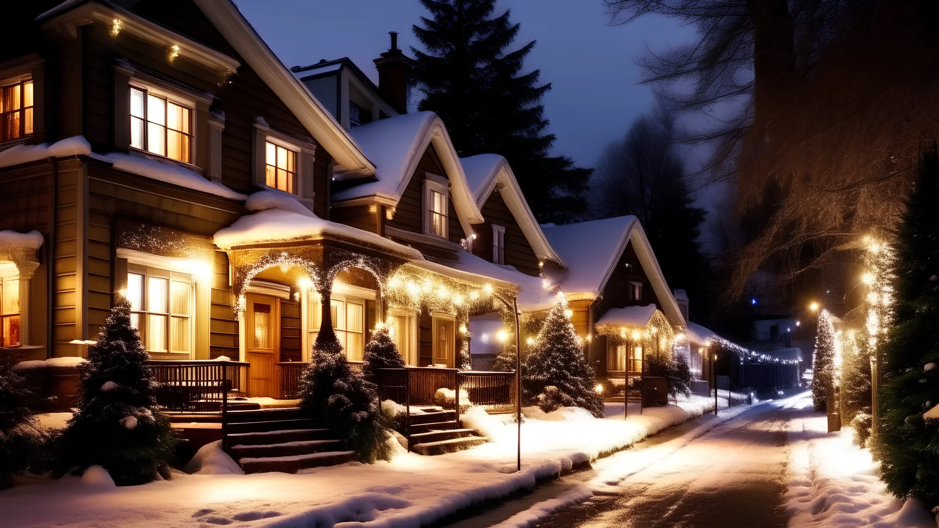 a photo of houses on a street full of snow houses with christmas decorations and lighting, 8k reslotuion photo look