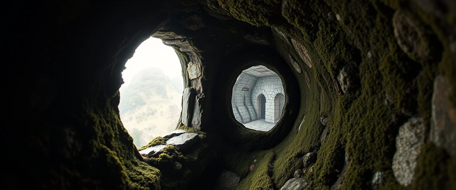 pin hole cam, master oil painting by Rembrandt, moss covered space station with window into medieval world, brightened edges to give a sense of depth