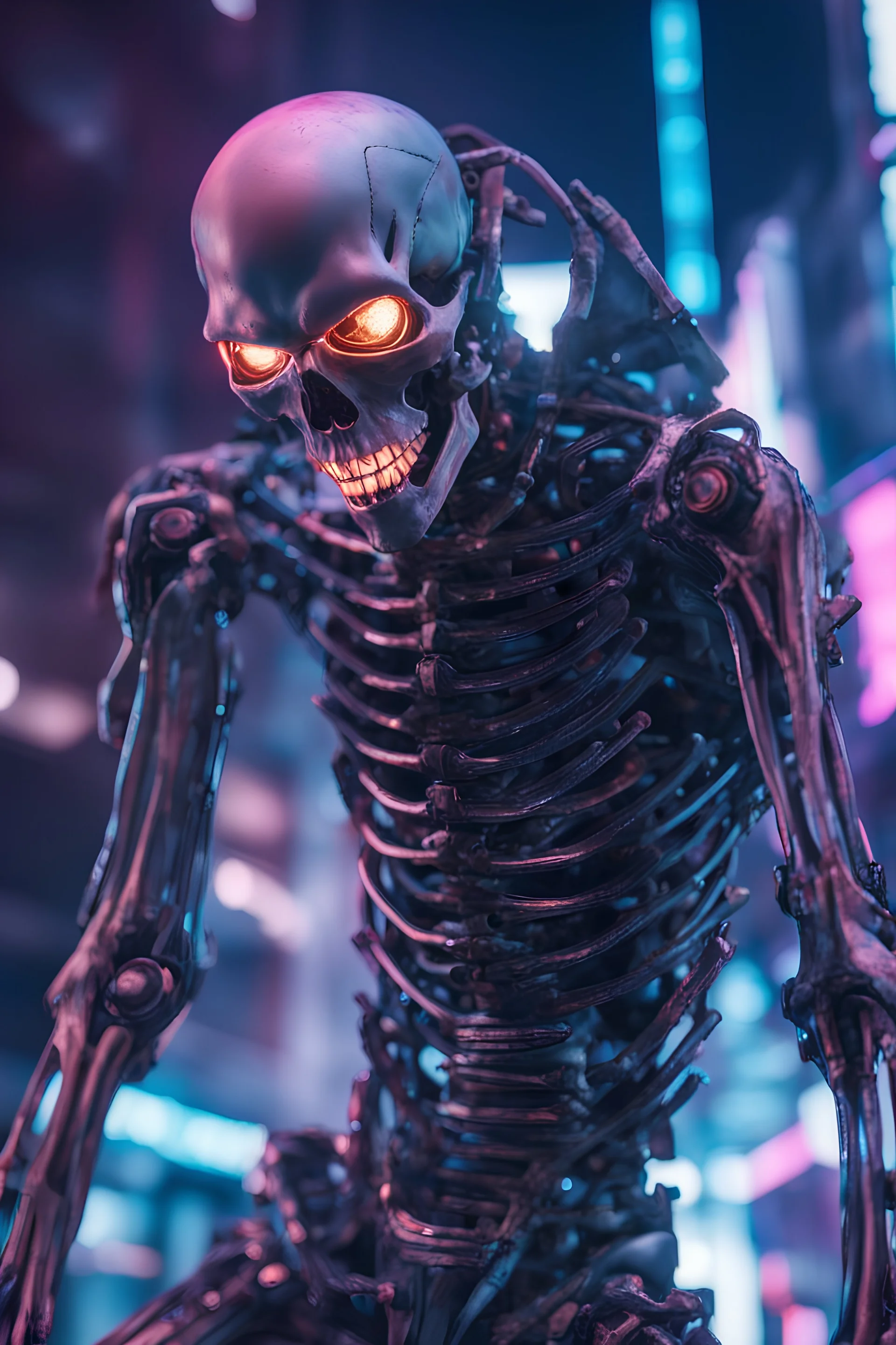 Extreme grandiose and cinematic photo in realistic colors ((cyber skeleton)) dynamic pose and expression, in the city ally of neon tales, (sparks around) high lighting, intricate, 8k, macro photography,