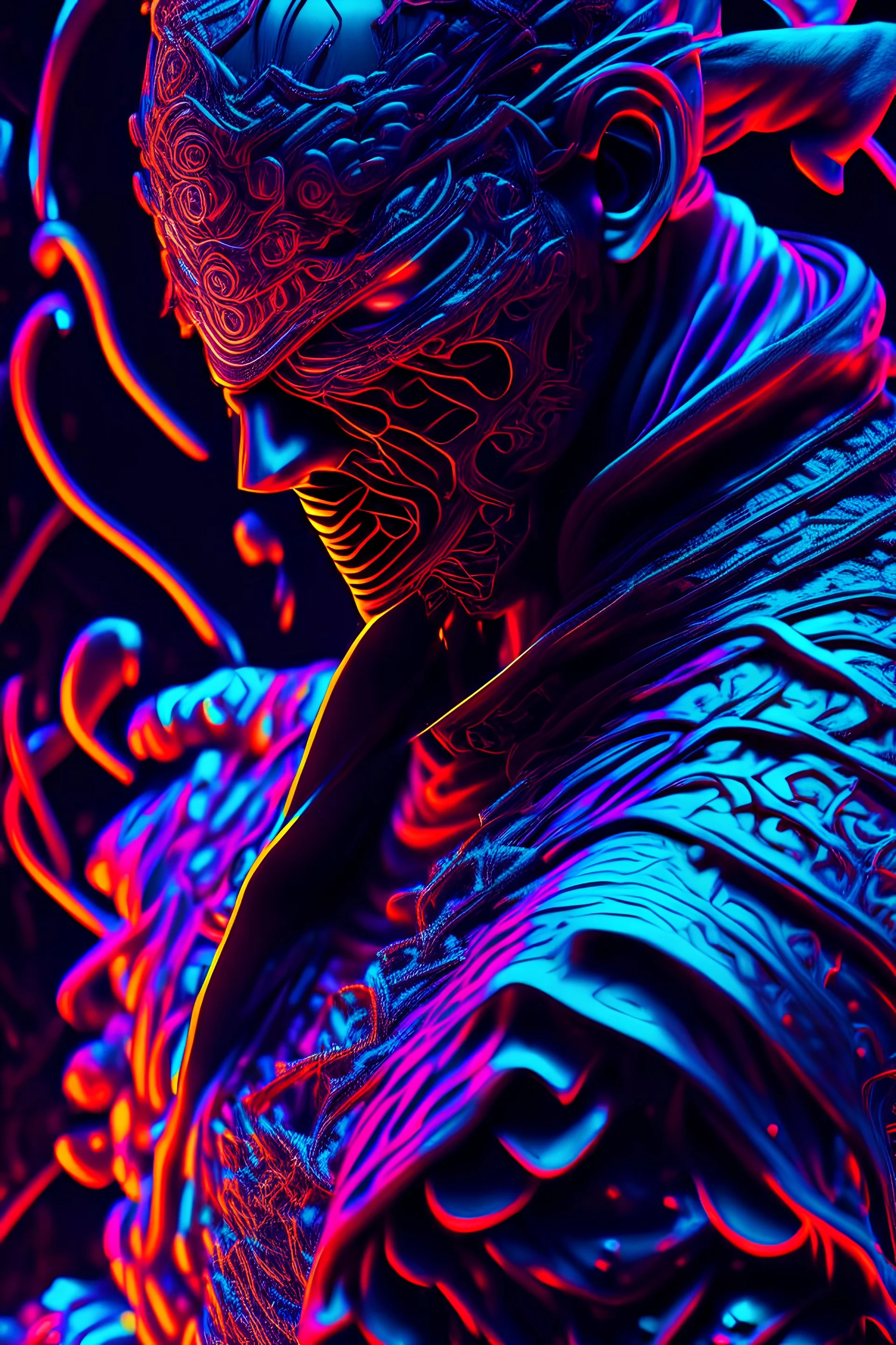 blacklight reactive 3d 8k hd :: ninja warrior :: by stephen king, crazy, dark fantasy, intricate detailed masterpiece, ray tracing:: cinematic 4D::