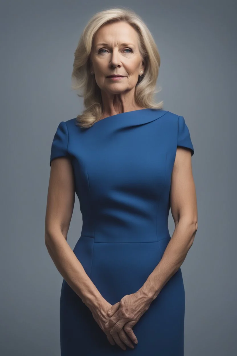 Powerful classical portrait of a modern blonde politician in her late 50s wearing a blue dress standing in a powerful position a little zoomed out