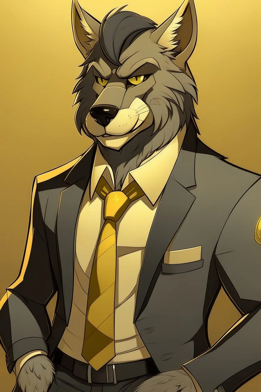 Buff anthro wolf himbo with black fur and gold eyes wearing a suit