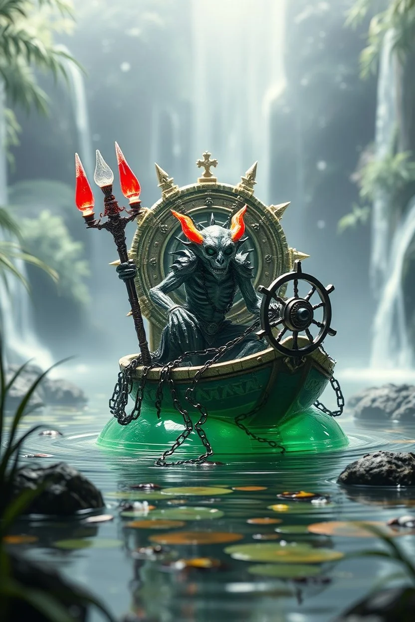 action figure of a glossed an transparent chained and crucified electric racoon necromancer on round swamp transparent glass obcidian boat beholder eye wheel throne in a charged foggy jungle starry waterfall, blur background to make character pop out