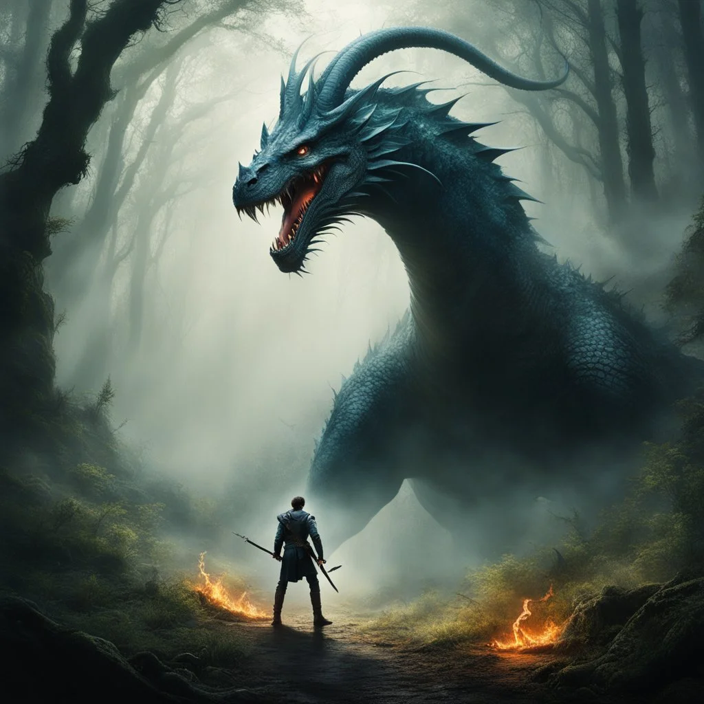 In the enchanted forest, Sir Aldric faces the fearsome hydra, A dance of valor and surrealism in a realm of twisted dreams. The mist-clad battleground echoes with the clash of sword and scale, As the knight fights not for fear but for his kingdom's honor. Reality merges with imagination, blurring the lines of what is real, Colors dance, and the forest holds its breath, in awe of the spectacle. A tapestry of legends is woven, as heroism and surrealism collide, The forest becomes a stage, shadows