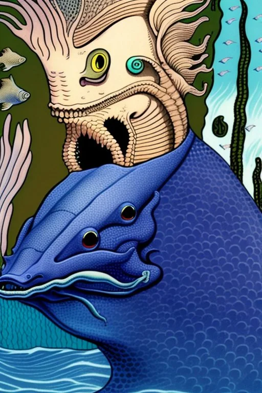 a sea monster with a human head, the body of a moray eel, fins of a fish, swims in the ocean