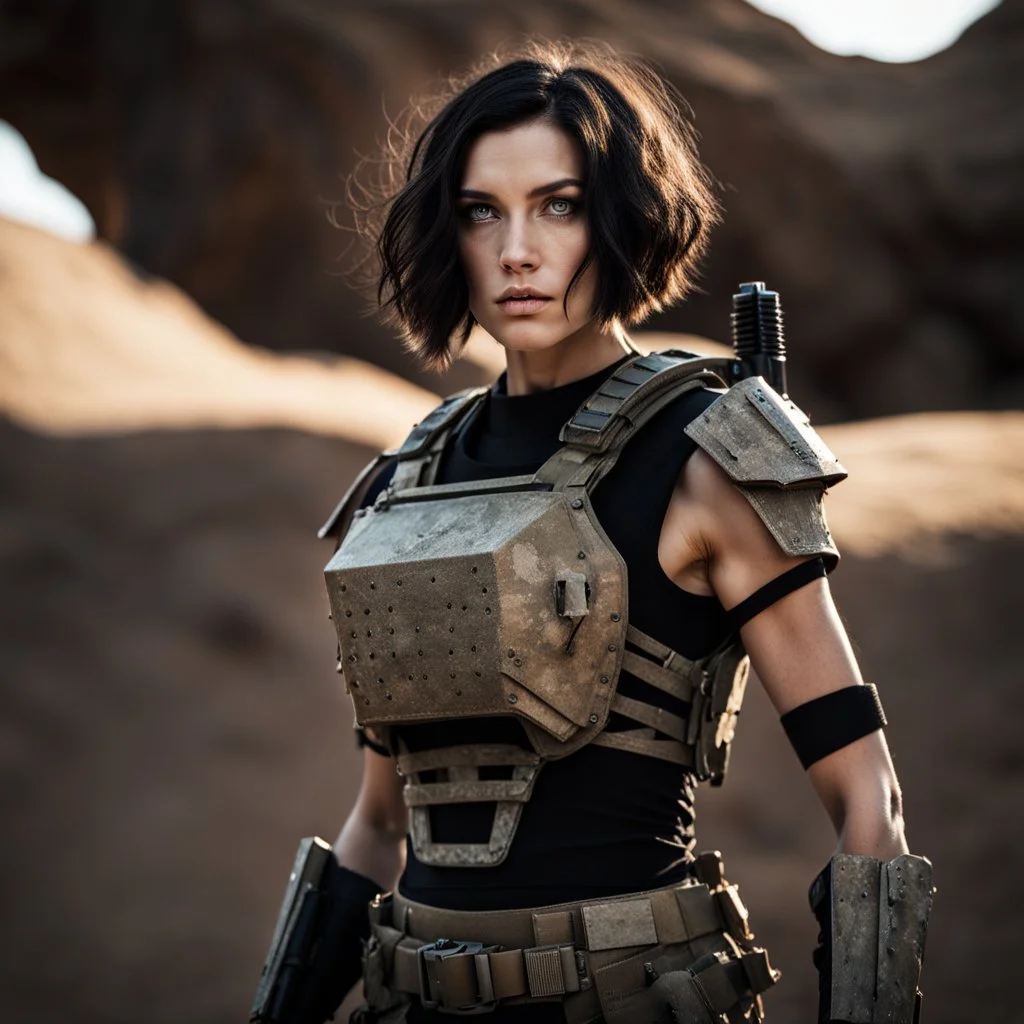 beautiful caucasian female soldier, black metal body and limbs, visible cybernetic limbs, scratched sand camo, no armor, short brunette wavy bob haircut, dystopian, desert scene