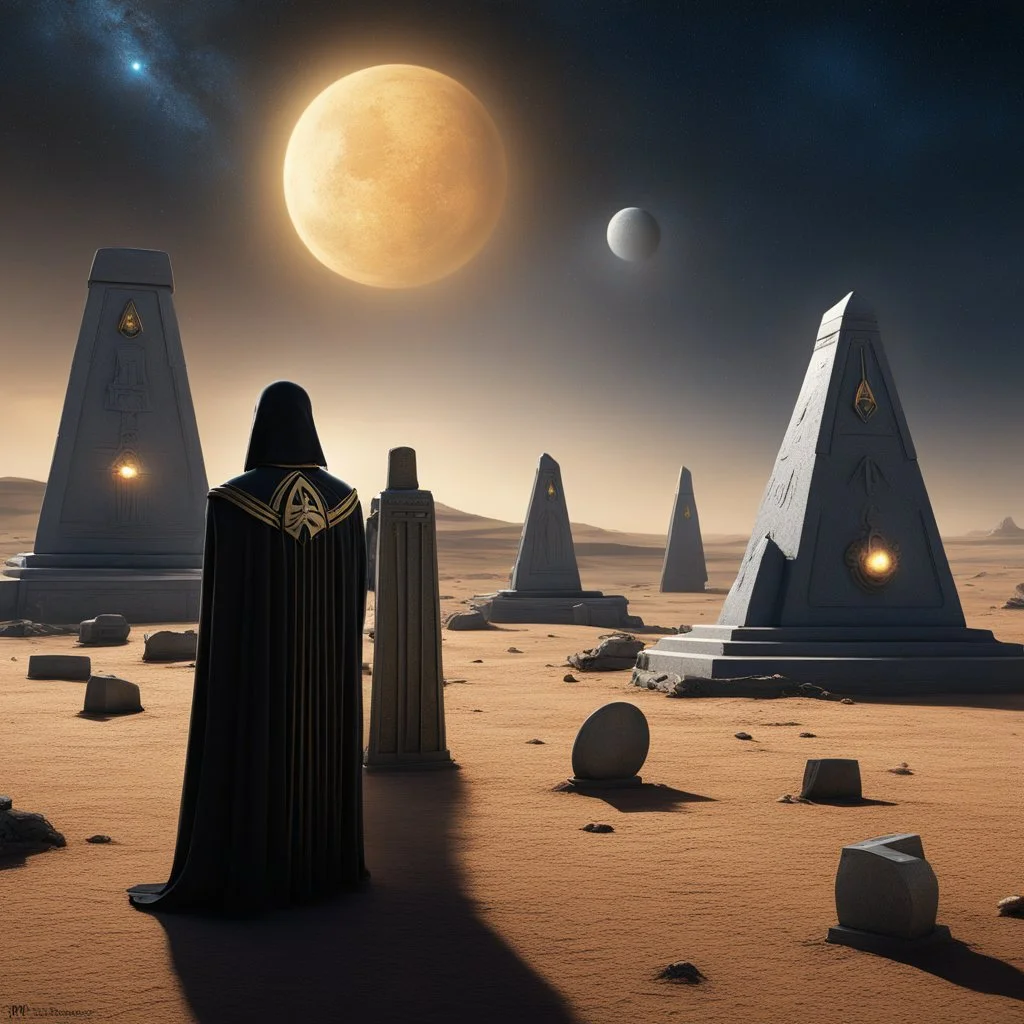 [high res photo in the Star Trek universe] a solemn cemetery on a remote planet, where ancient tombstones stand as silent sentinels under the alien sky. Amidst the hushed stillness, a lone figure, cloaked in a Starfleet uniform, stands before a weathered tombstone. In their hand, a crystal glass filled with the golden glow of Saundy Saurian Brandy.As the figure raises the glass in a somber salute, the brandy catches the ethereal light, casting a warm, inviting glow on the surrounding tombstones.