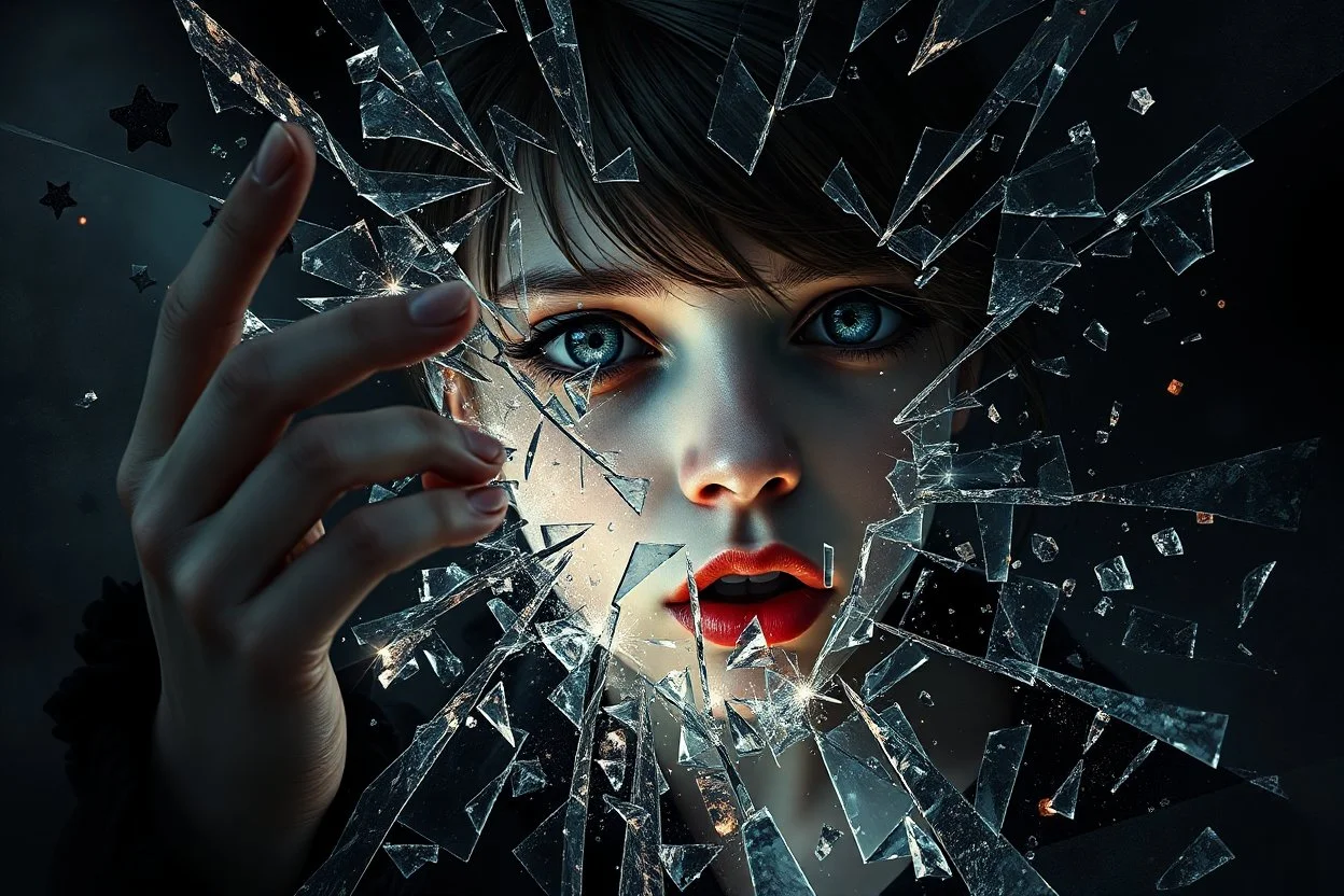 a high realistic explosding girl with fractured glass, she tries to piece herself back together again, high contrast, high textured, quentin blake art style, high detail, atmospheric, dark fantasy, dark colors, cinematic, high realistic