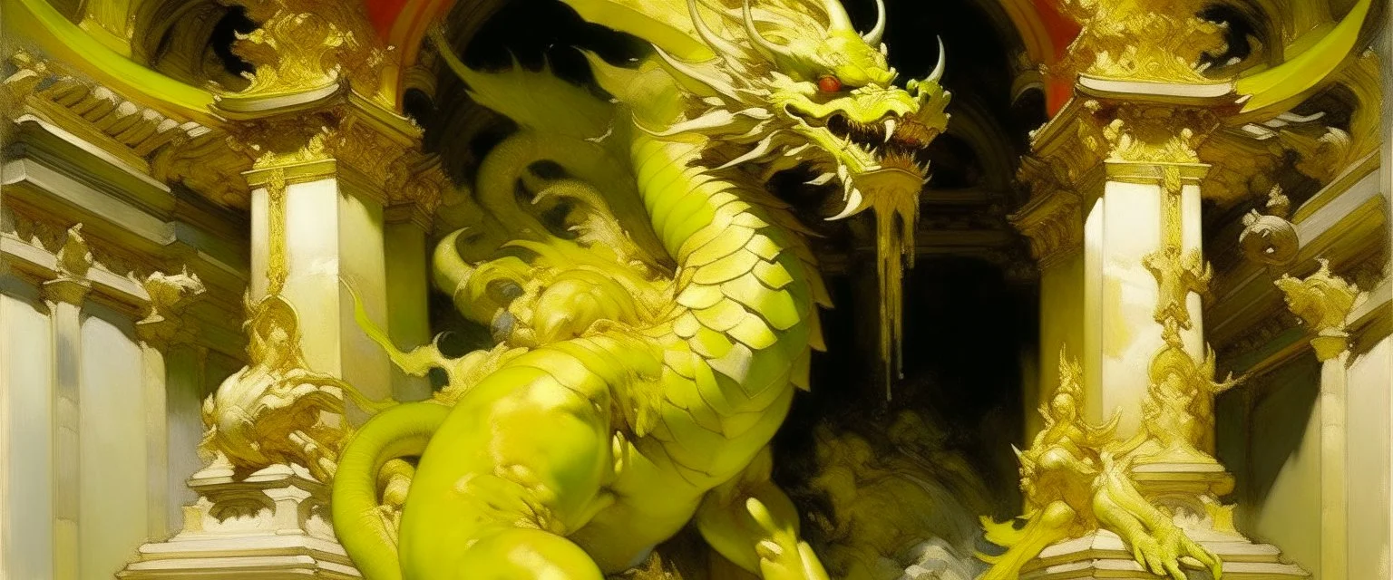 A yellow temple with an angelic dragon painted by John Singer Sargent