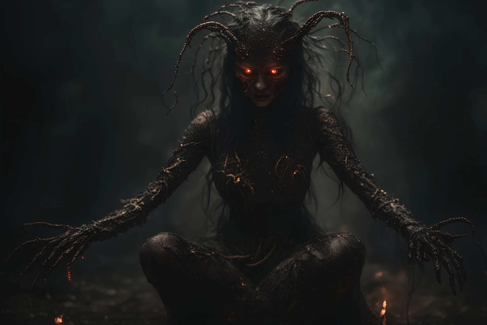 Demon girl wizard Halloween vintage girl, fullbody, creepy, horrifying, sinister, many worms parasite creature connected to the head and hands, sparks around her, sparks cybernetic, intricate, 8k, macro photography,