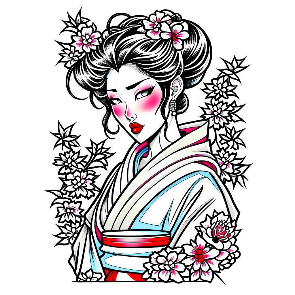 Tatto design Neotraditional style , Geisha with a Cherry Blossom Kimono, white background, tatto style,