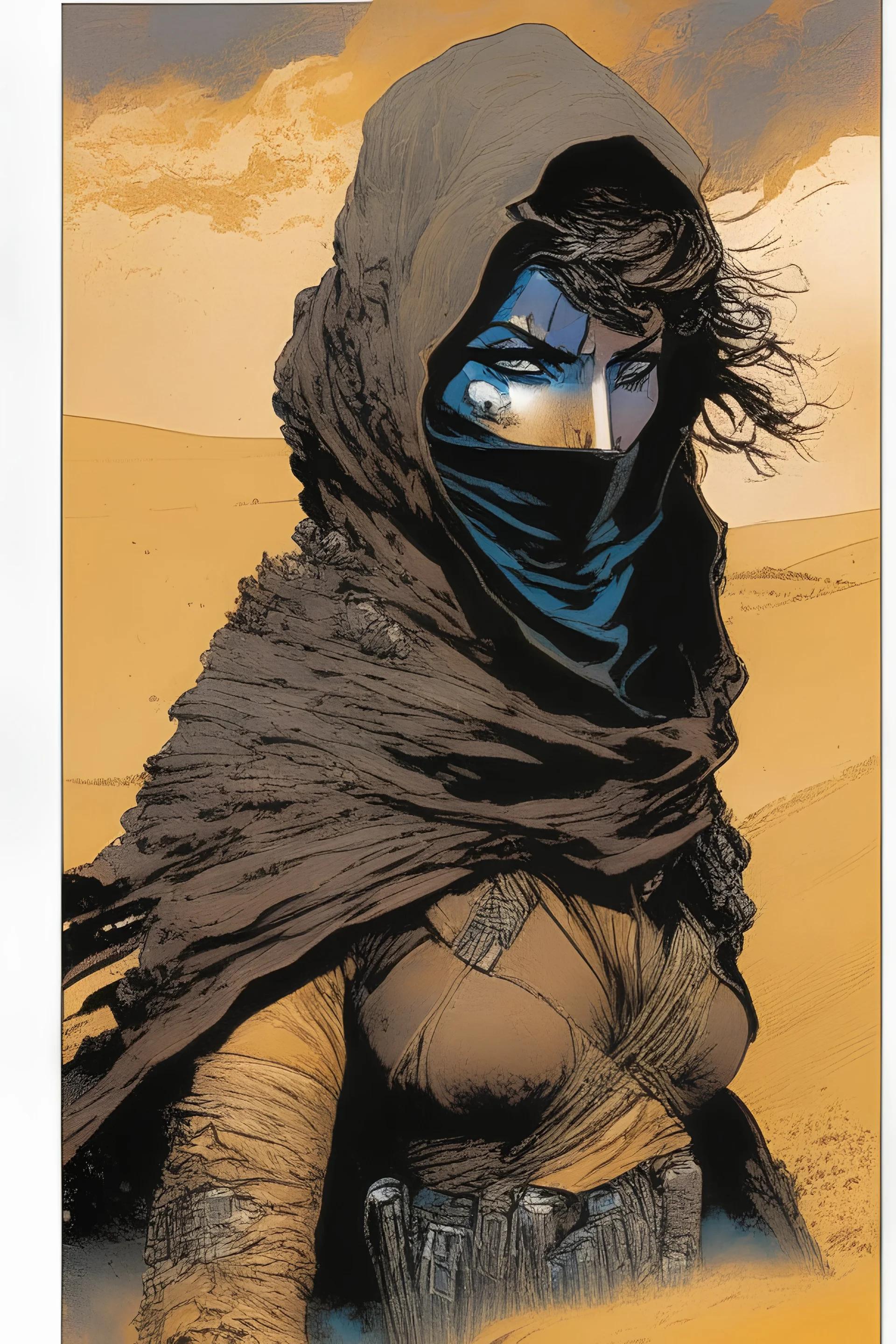 create a fine art print full body illustration of a rugged gritty, roughly textured, hooded, black clad and dusty Fremen female mercenary with highly detailed feminine facial features, amidst the billowing desert storms of Arrakis, in the comic book art style of Bill Sienkiewicz, and Jean Giraud Moebius, finely textured, drawn, colored, and inked,