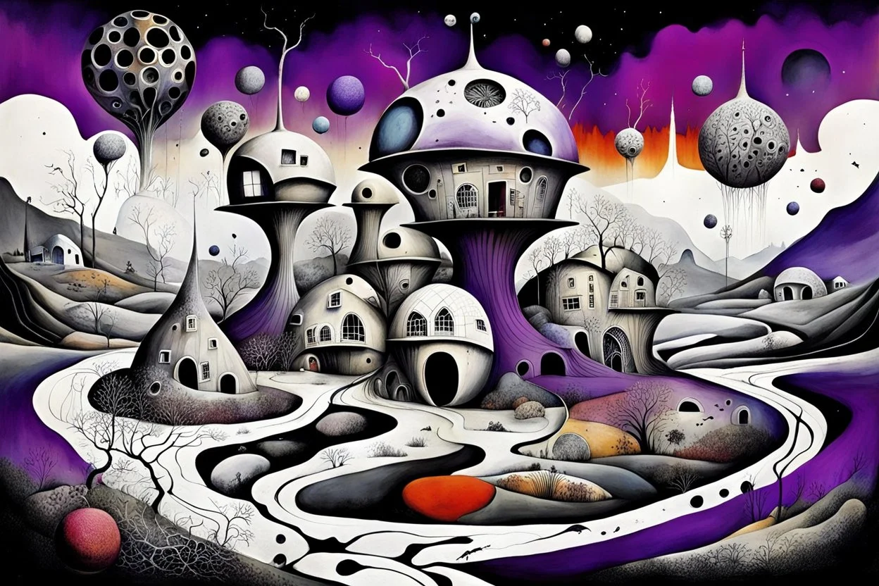 whimsical, weird ball-like houses in weird whimsical landscape, futur-surreal vibe with abstractions, around surreal cracked painted weird land with dark purple, gray, black, white, brown, and deep colors. style of Chagall , of Minjae Lee and Tim Burton, absurd beauty picture. weird bizarre absurd, nightmare, neuron network background, surreal cinematic vibe