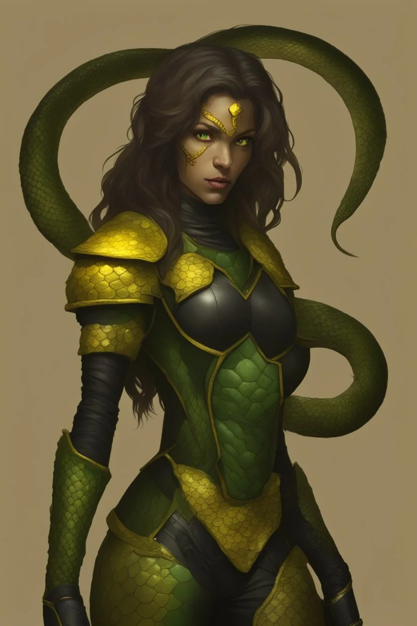 a female humanoid snake, wearing a black leather armor, green scales, yellow eyes