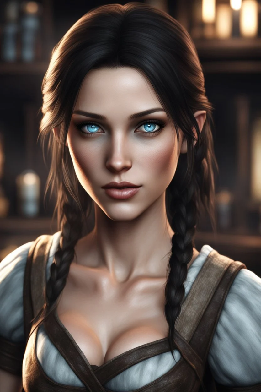 A female breton barmaid from Skyrim with light blue eyes, brunette, melancholic