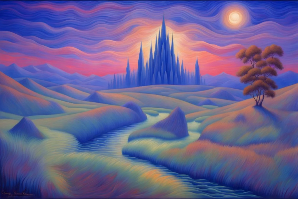 a noctilucent landscape in futurism style, elegant extremely detailed intricate vibrant beautiful award winning high definition crisp quality by artist "Umberto Boccioni"by artist "Leonora Carrington",by artist "Guy Orlando Rose"