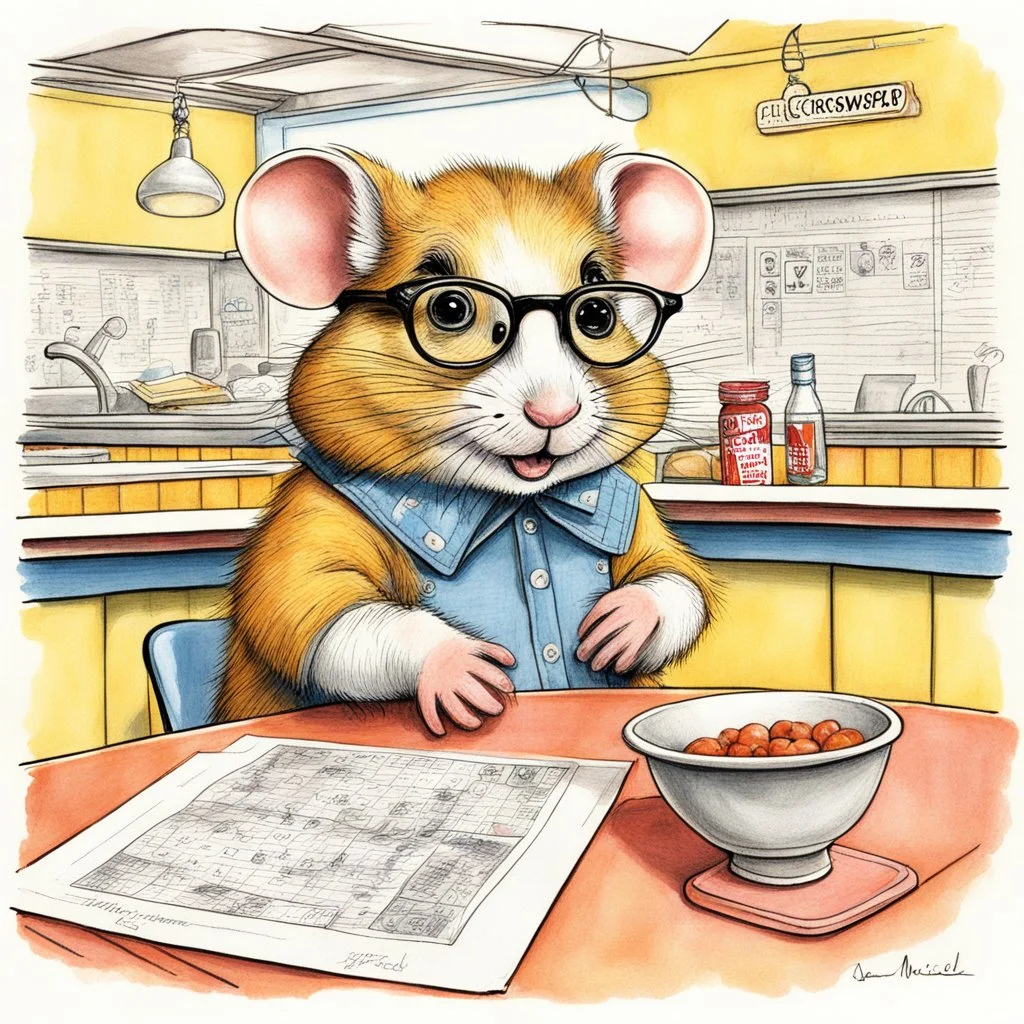 whimsical rough color pencil sketch of an anthropomorphic bespectacled hamster filling in the Sunday crossword puzzle sitting at a 50's diner counter, by Javier Mariscal