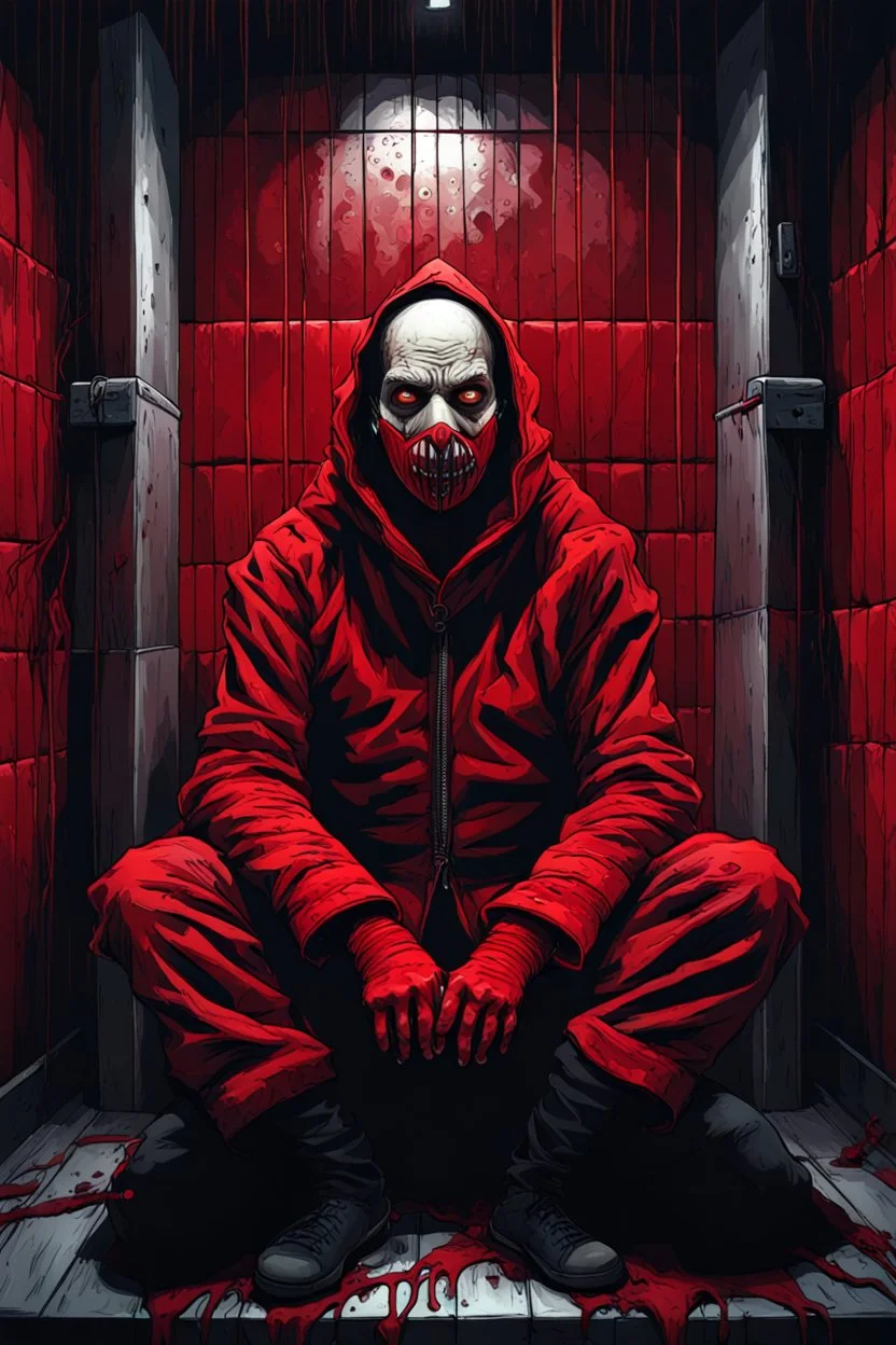 A scary gothic person sits quietly in the middle of a soundproof, padded room conveying intense dramatic emotions in a muted environment, wearing a bright red straitjacket , a mask to cover the mouth area of cannibal evil scary, dark and gothic look, cold eyes, eary ultra detailed,.32k, digital art style with messy paint, hardened sealer appearance, impasto, dramatic Arial view with explosive chaotic background