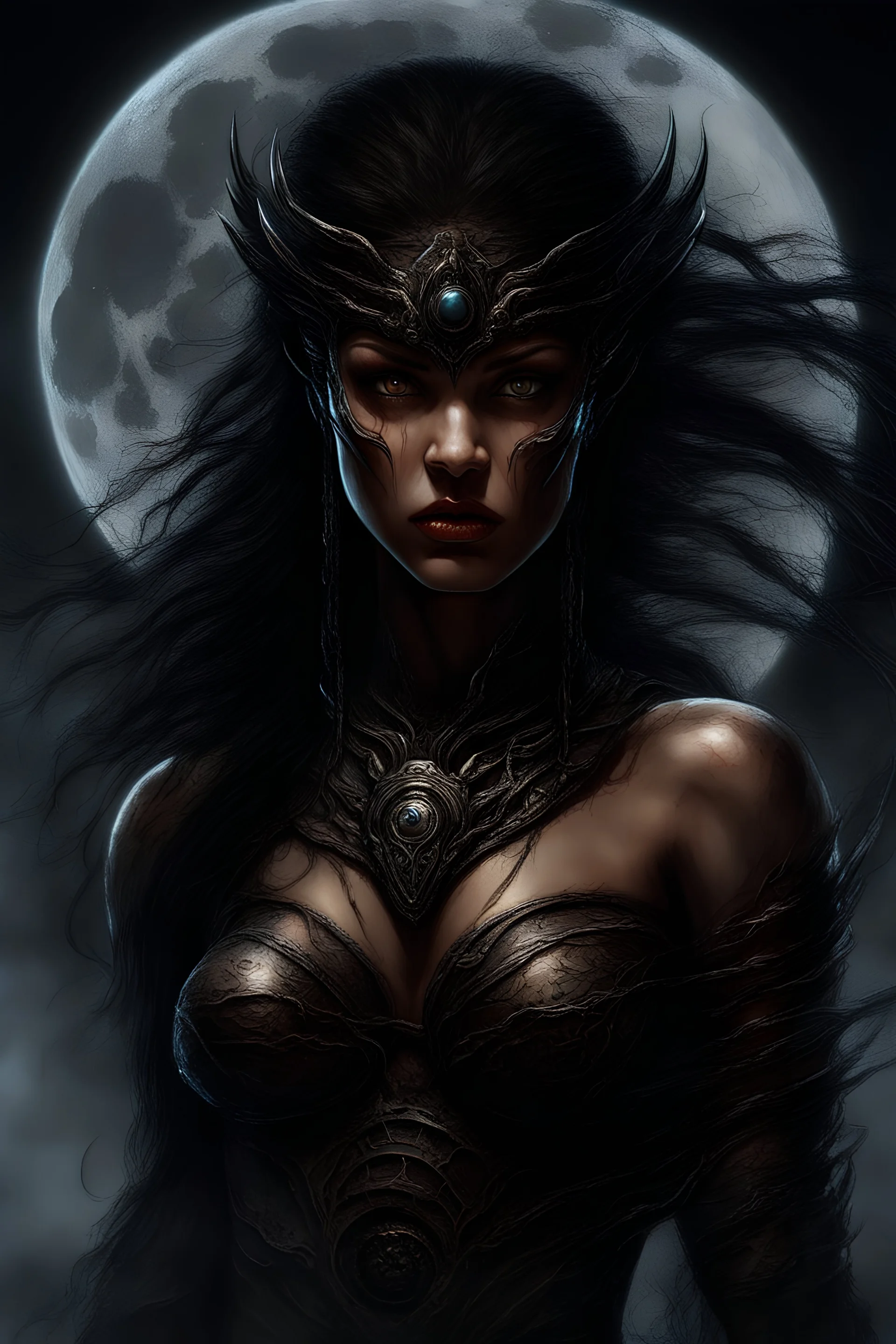 A dramatic digital painting portraying a warrior girl under the Moon, veins pulsing, claws of temptation visible, soul in turmoil. In the style of Luis Royo and Boris Vallejo and Giger, vivid colors, swirling brushstrokes, highly detailed, 8k resolution, surrealistic., juicy emotions, painting, gloomy fantasy, gloomy day, dark world, portrait, oil and graphite, wide strokes, a weaving frame around, by Ryohei Hase, Agnes Cecile, Raymond Swanland, Anne Bachelier