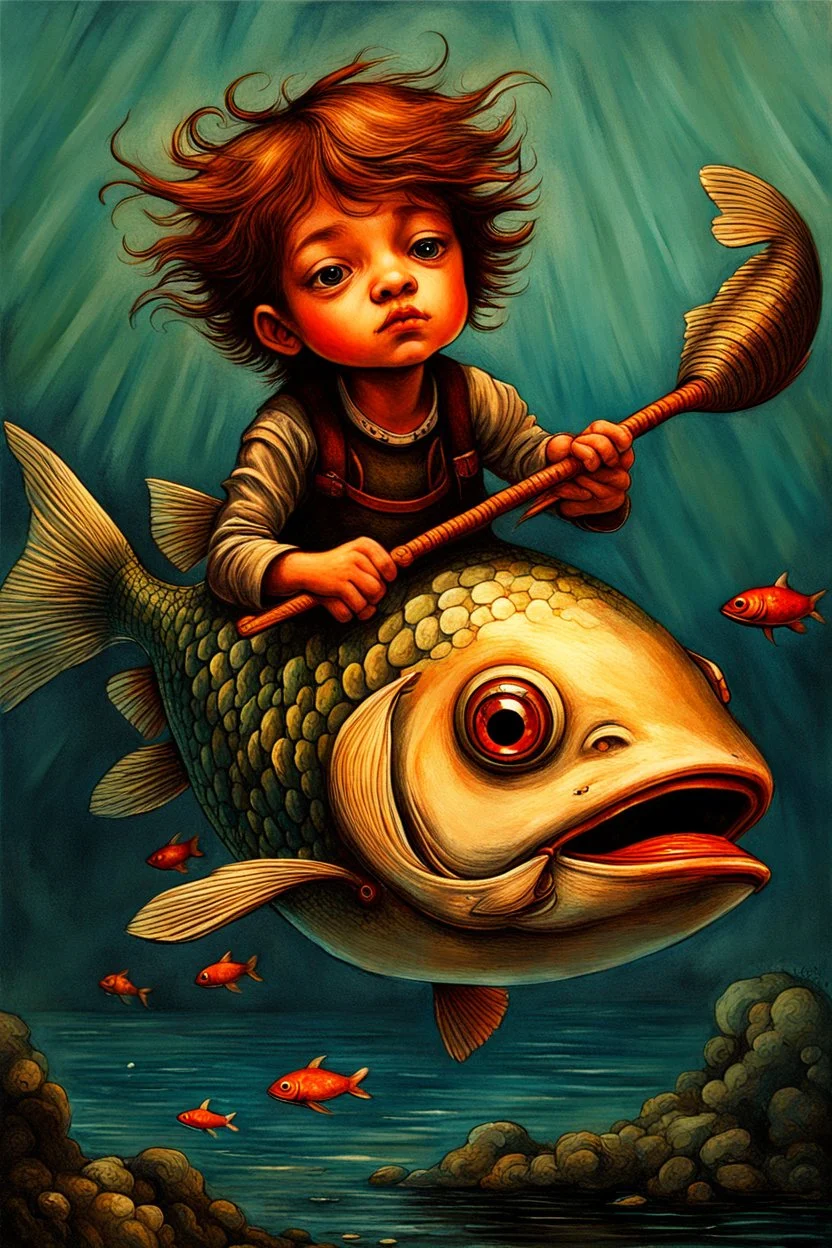 a painting of a young boy riding a fish, a storybook illustration by Esao Andrews, cgsociety, pop surrealism, storybook illustration, whimsical, detailed painting, ukiyo-e style