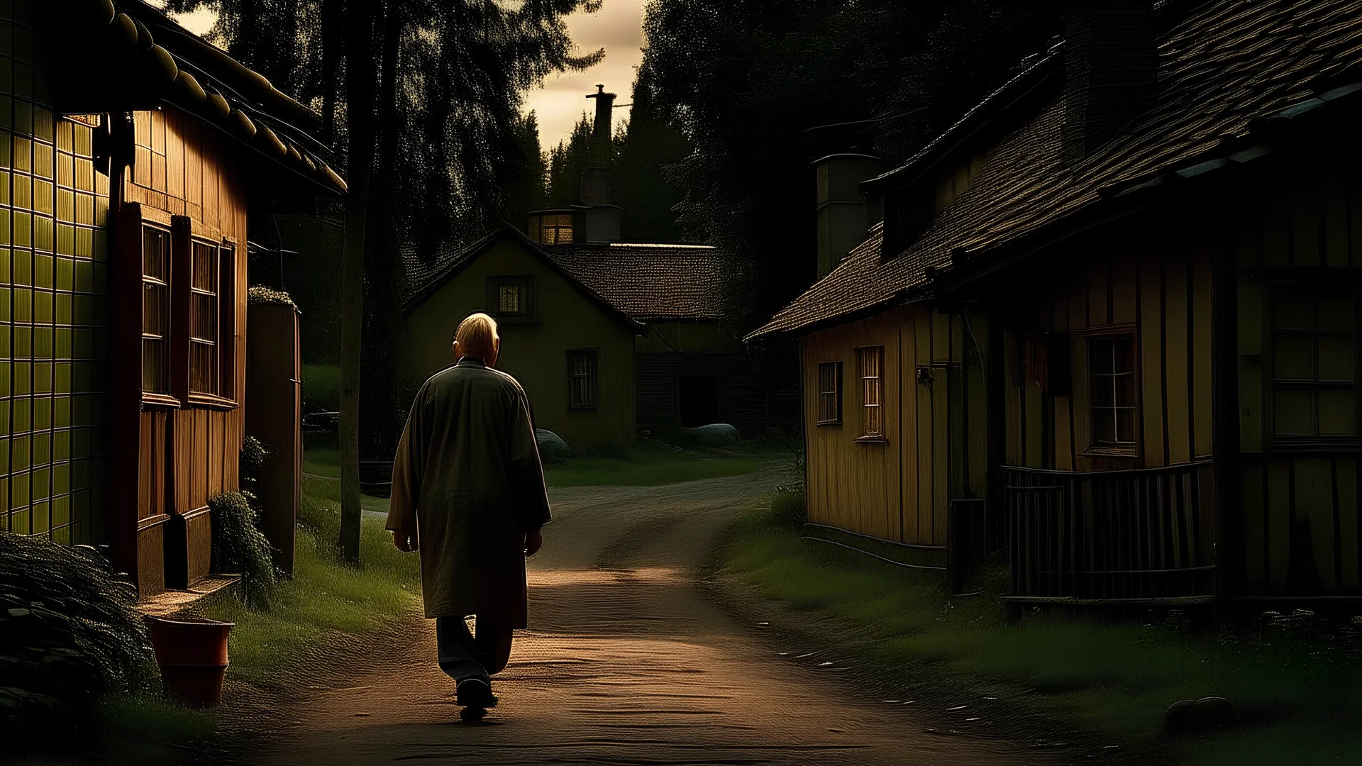 The moment of farewell comes in a scene full of mixed emotions. Robert is shown leaving town after his terrifying experience, driving away from the quiet neighborhoods of the village. His face appears full of thought and contemplation, as he bears the weight of the experience he went through. The quiet backstreets and cottages reflect the complete change in atmosphere after a sauna encounter. The path is open for Robert, but his face still expresses the deep impact that the events have had on h