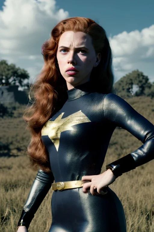 retro portrait image from 1960, sky background, wind, long red hair, fighting stance, sweet young Scarlett Johansson, black dress, classic long tight lycra black suit, gold bracelet and belt, high heel boots, superhero style, soft color, highly detailed, unreal engine 5, ray tracing, RTX, lumen lighting, ultra detail, volumetric lighting, 3d, finely drawn, high definition, high resolution.