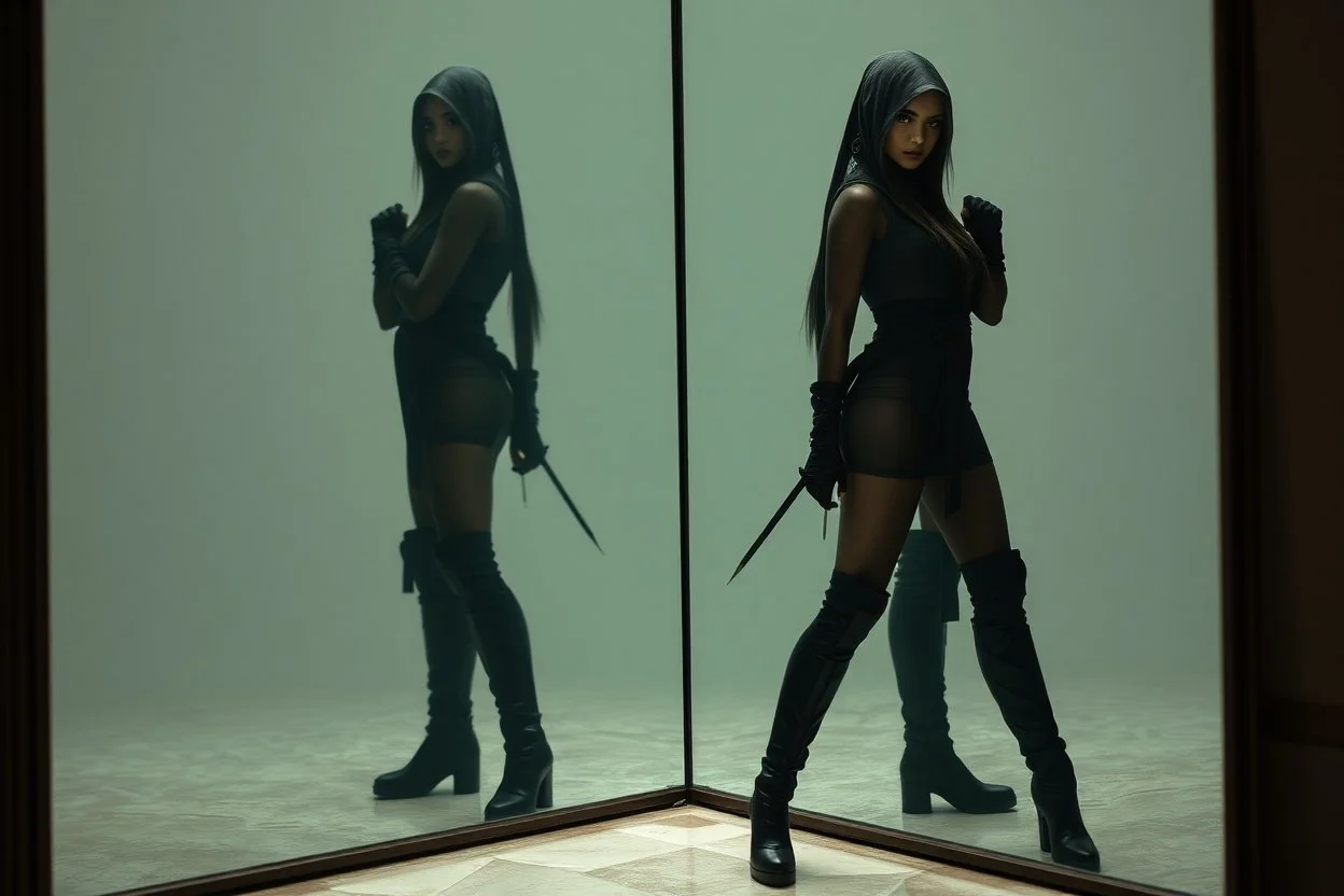 full body long boots portrait of ninja pretty woman weasel semi transparent hypnotic kind eyes in front of mirror