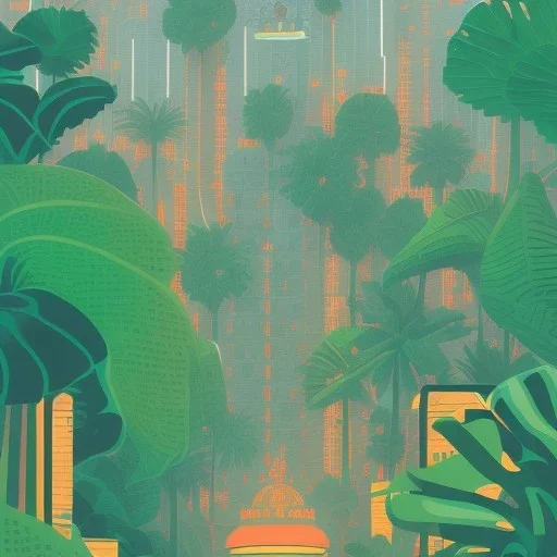 tropical city, latino, plants, streets, risograph poster, flat design, 2 colors