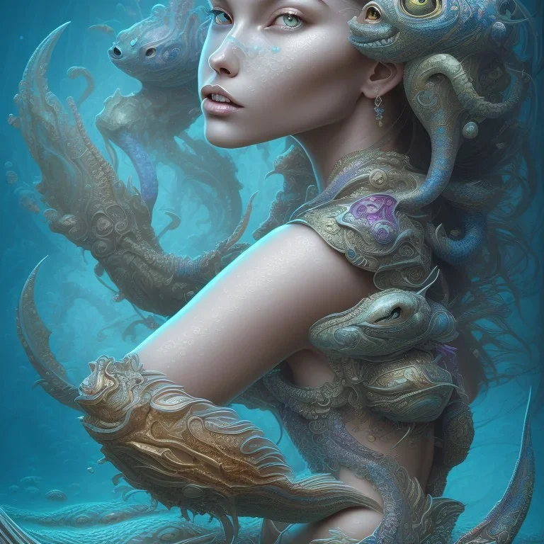 sango fantasy, fantasy magic, intricate, sharp focus, illustration, highly detailed, digital painting, concept art, matte, artgerm and paul lewin and kehinde wiley, masterpiece sexy lips African lady crab body mermaid tiger turquoise space lady beach sea under water mermaid seaweed